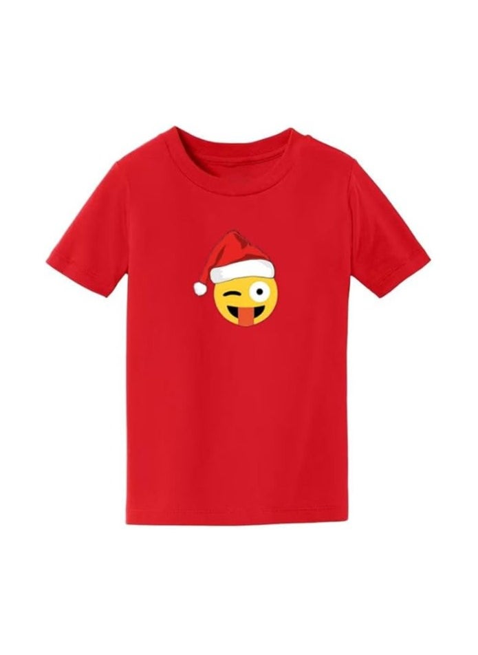 Christmas Emoji Kids Red T-Shirt For Boys–Soft Cotton Round Neck Short Sleeve T-Shirt With Smiley Face Emoji–Great For Parties