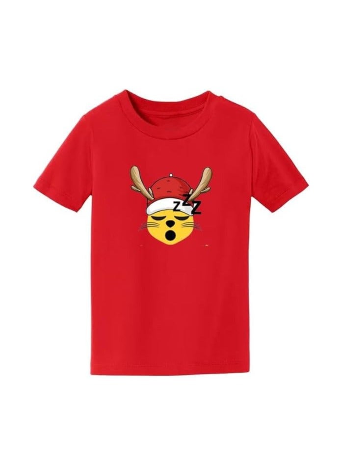 Christmas Emoji Kids Red T-Shirt For Boys–Soft Cotton Round Neck Short Sleeve T-Shirt With Smiley Face Emoji–Great For Parties