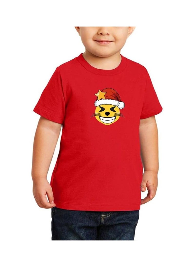 Christmas Emoji Kids Red T-Shirt For Boys–Soft Cotton Round Neck Short Sleeve T-Shirt With Smiley Face Emoji–Great For Parties