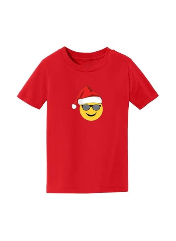 Christmas Emoji Kids Red T-Shirt For Boys–Soft Cotton Round Neck Short Sleeve T-Shirt With Smiley Face Emoji–Great For Parties