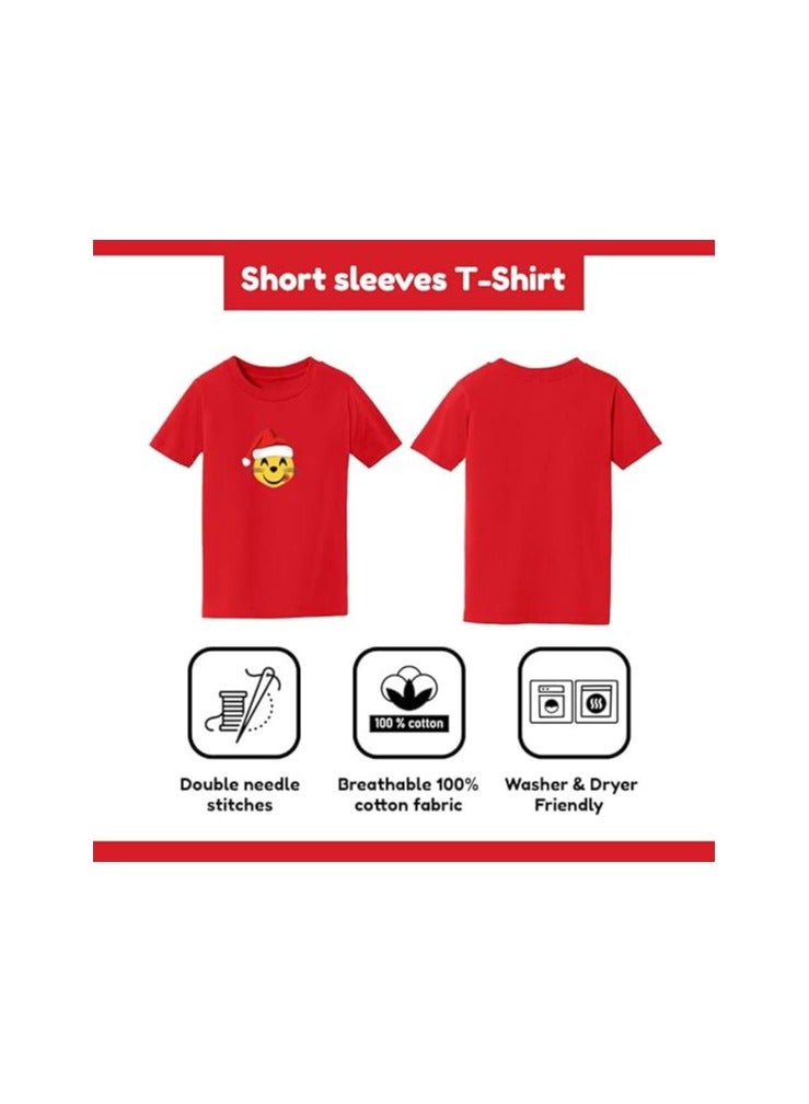 Christmas Emoji Kids Red T-Shirt For Boys–Soft Cotton Round Neck Short Sleeve T-Shirt With Smiley Face Emoji–Great For Parties