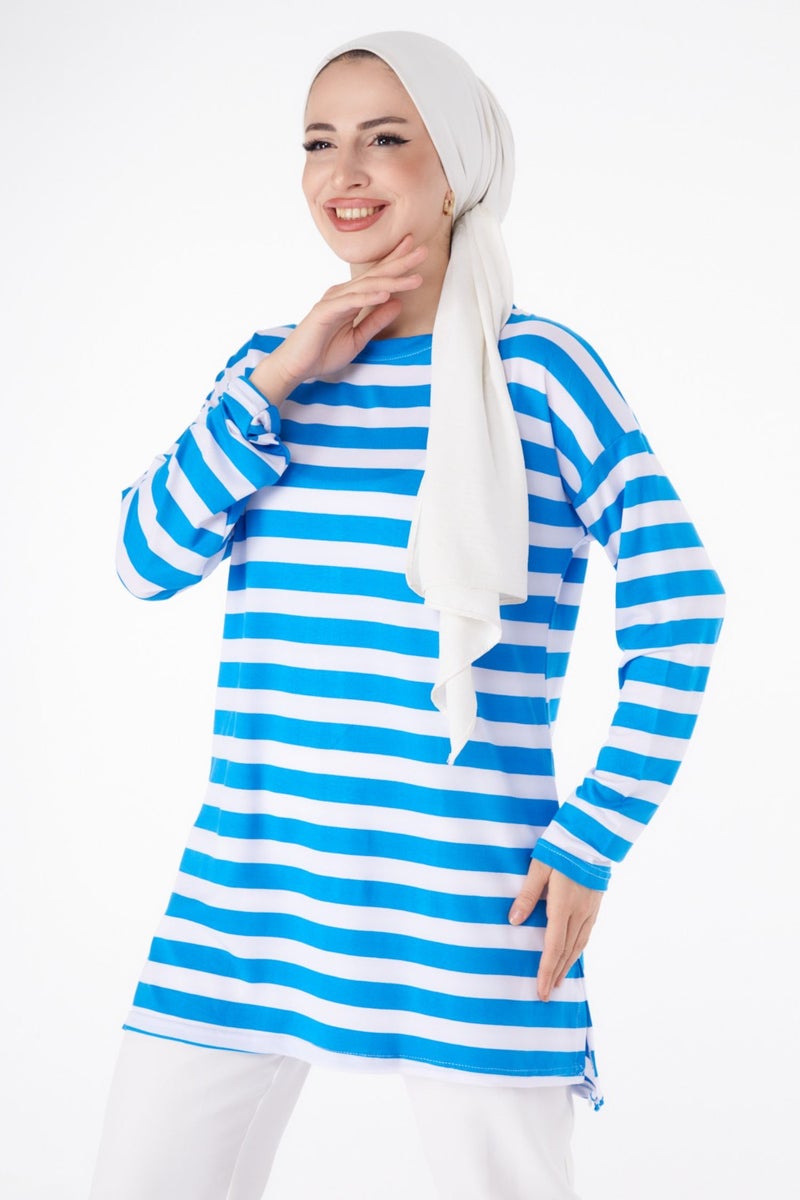 Plain Crew Neck Women's Blue Striped Tunic - 25262