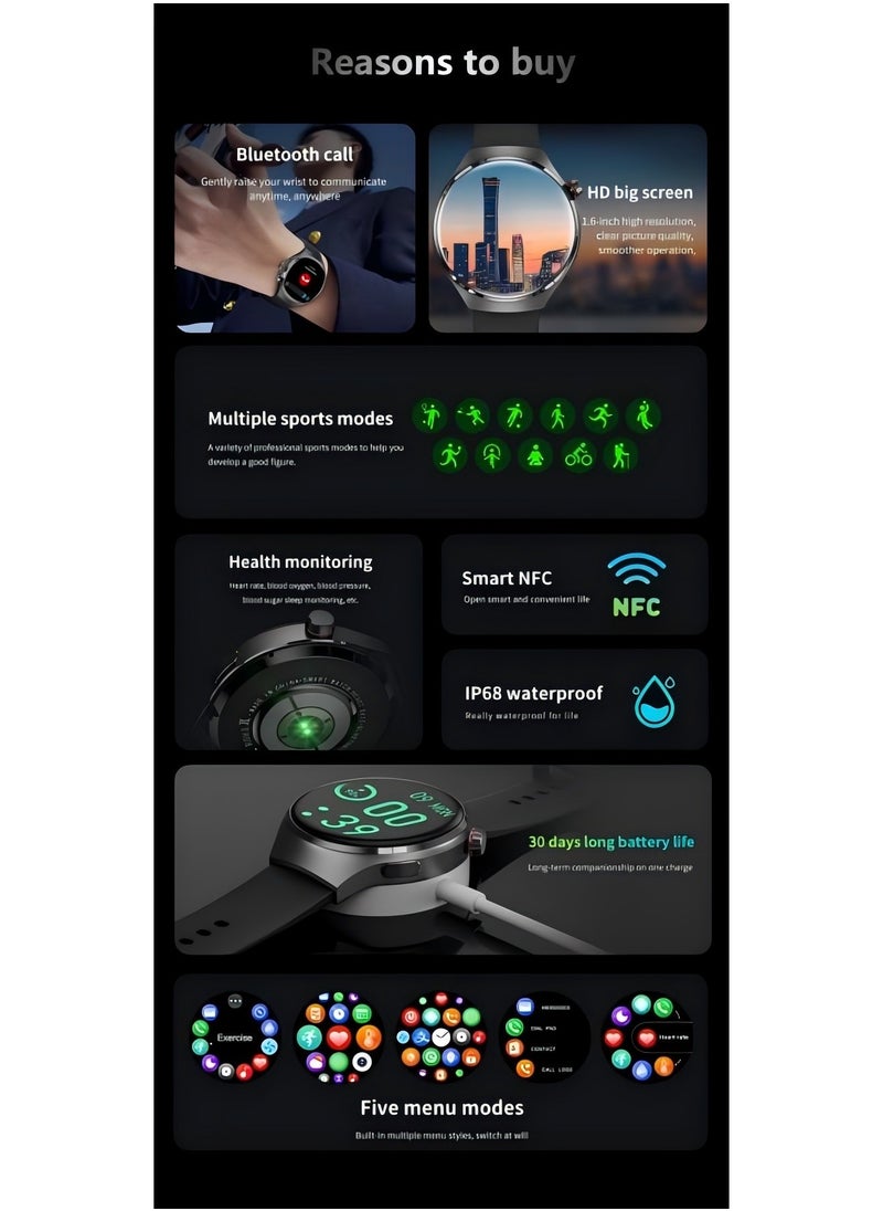 Smartwatch GT4 PRO with Bluetooth calling function (receive/make calls), fitness tracking watch with sleep monitoring function, for iPhone/Android, with 17cm black steel strap