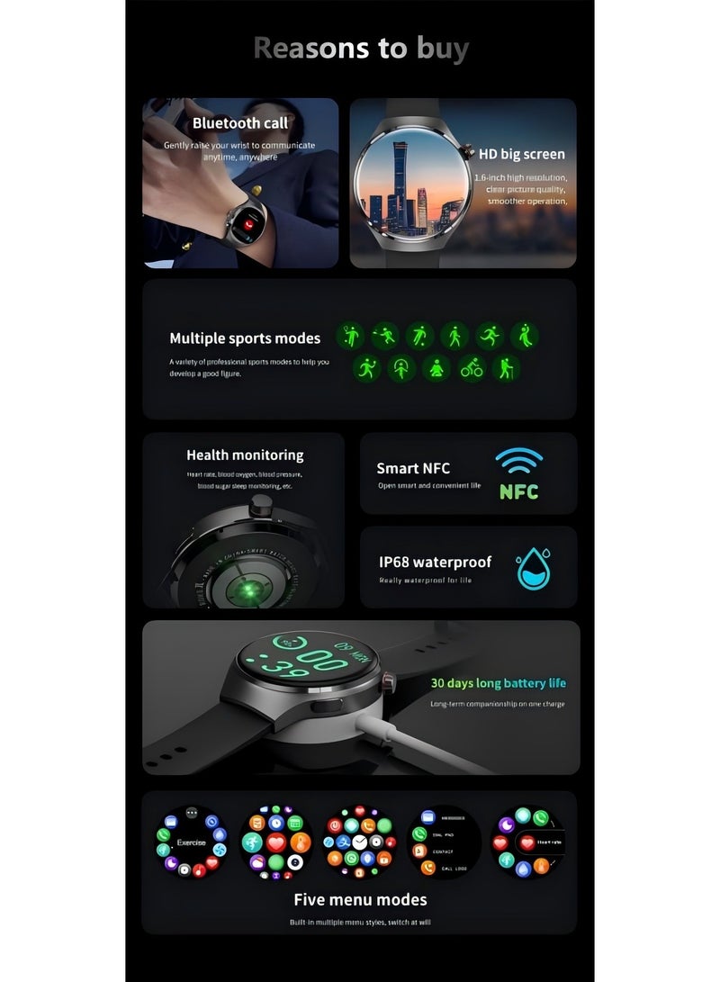 Smartwatch GT4 PRO with Bluetooth calling function (receive/make calls), fitness tracking watch with sleep monitoring function, for iPhone/Android, with 17cm steel strap
