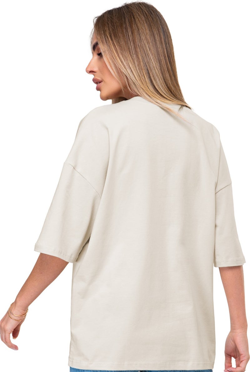 Cotton Women's V-Neck Oversize T-Shirt Beige