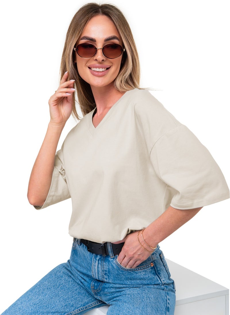 Cotton Women's V-Neck Oversize T-Shirt Beige