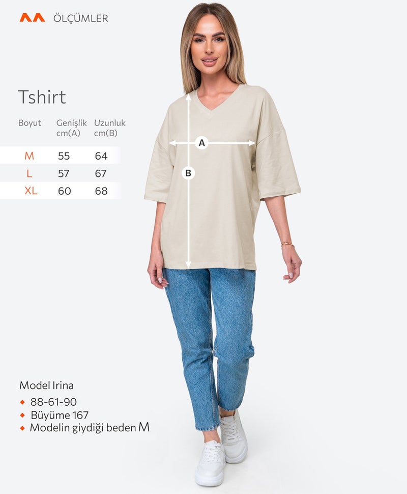 Cotton Women's V-Neck Oversize T-Shirt Beige