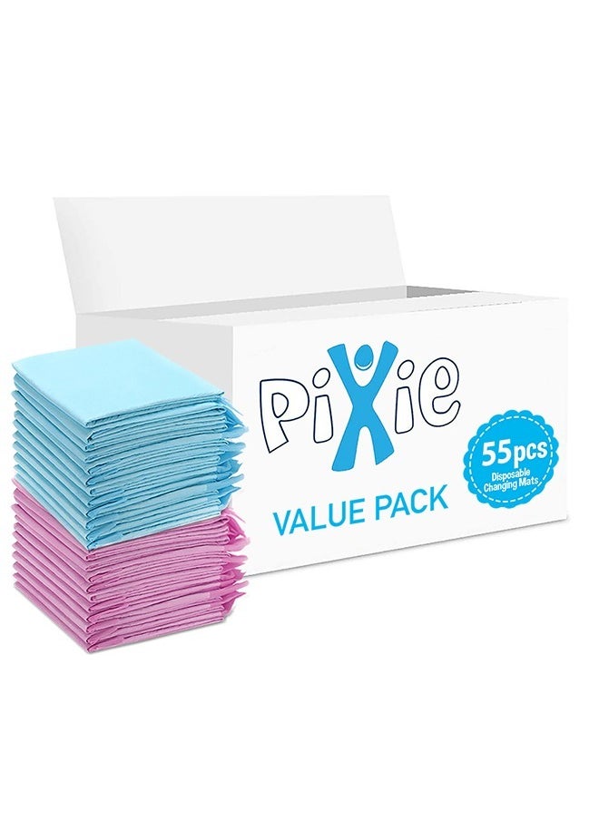 Pixie Disposable Changing Mats, 55 Counts, Soft Waterproof Mat, Portable Leak Proof Changing Mat, New Mom Leak-Proof Under pad, Mattress Table Protector Pad