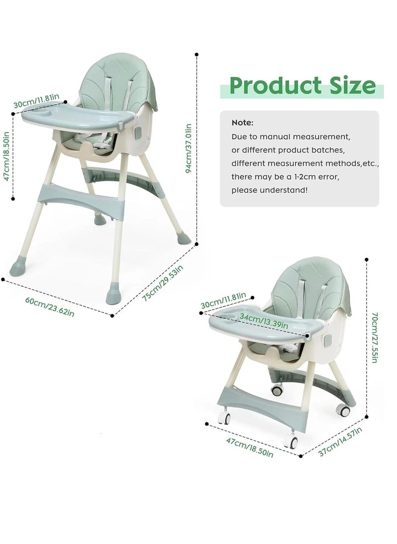 Baby High Chair, Baby Feeding Chair Toddler Chair Snack High Chair Seat Toddler Booster Furniture Detachable Double Tray Non-Slip Feet Adjustable Legs for Baby & Toddler (Green)