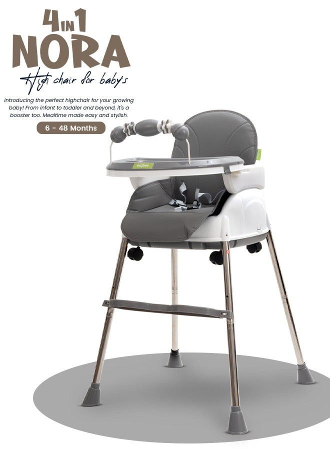 4 In 1 Nora Convertible High Chair For Kids With Adjustable Height And Footrest Baby Toddler Feeding Booster Seat With Tray Safety Belt Kids High Chair For Baby 6 Months To 4 Years Grey