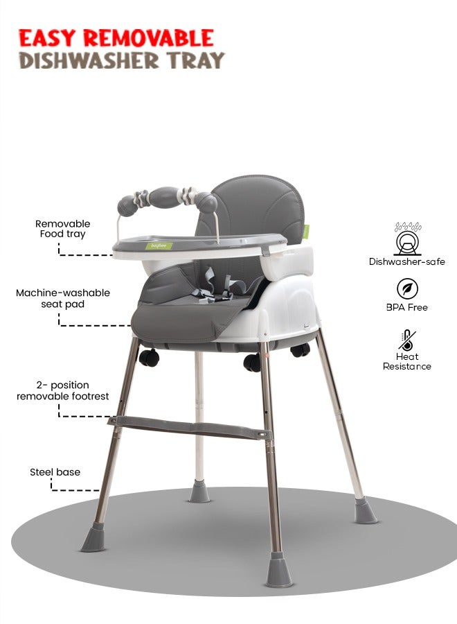 4 In 1 Nora Convertible High Chair For Kids With Adjustable Height And Footrest Baby Toddler Feeding Booster Seat With Tray Safety Belt Kids High Chair For Baby 6 Months To 4 Years Grey