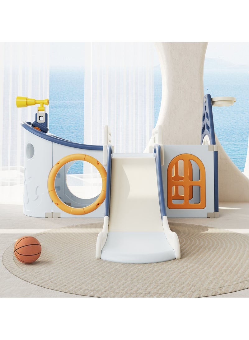 Little Story Boat House Activity Slide with Basketball Ring, Ball, Toy Storage, and Telescope Role Play Game - Blue