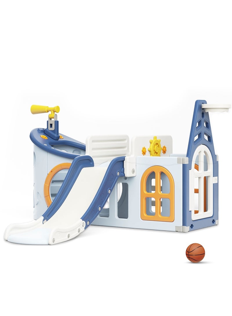 Little Story Boat House Activity Slide with Basketball Ring, Ball, Toy Storage, and Telescope Role Play Game - Blue