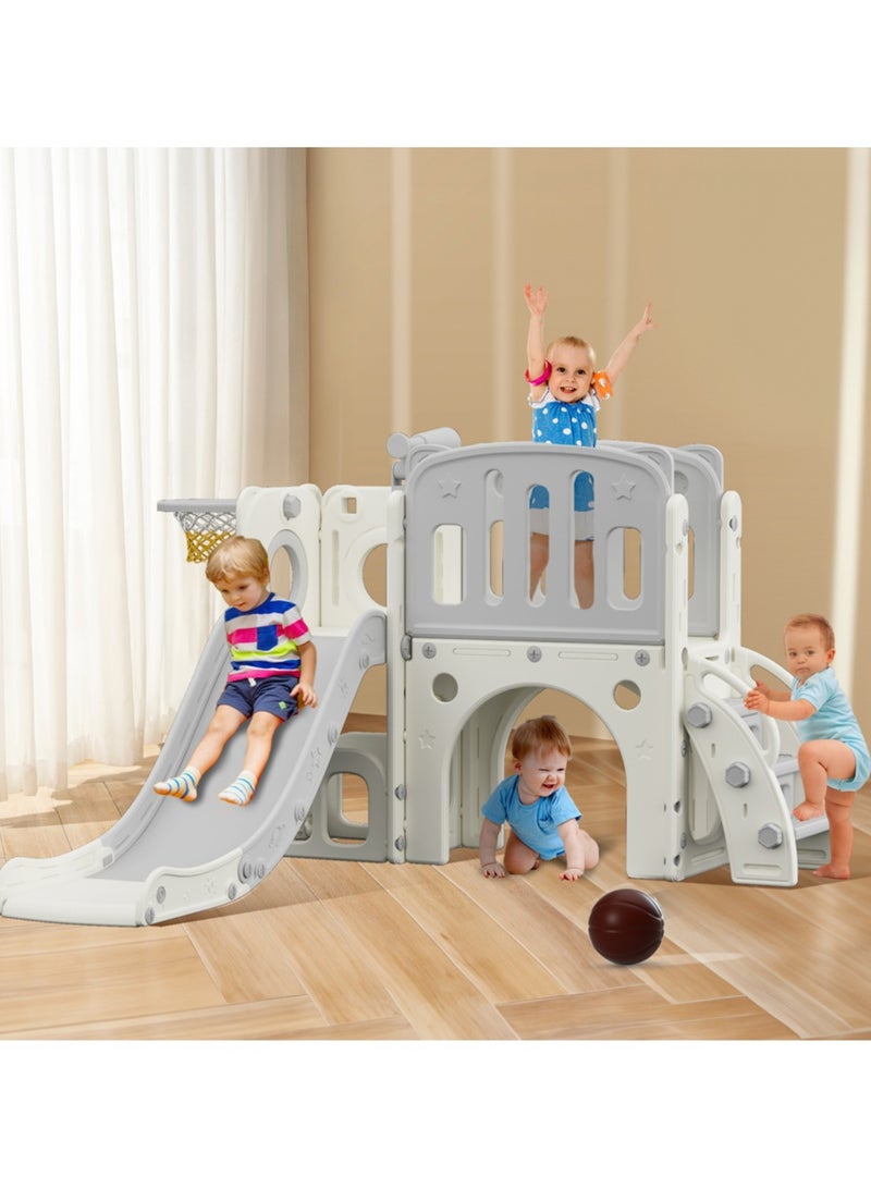 Little Story Play house w/ Activity Slide with Basketball Ring, Ball, Toy Storage - Grey