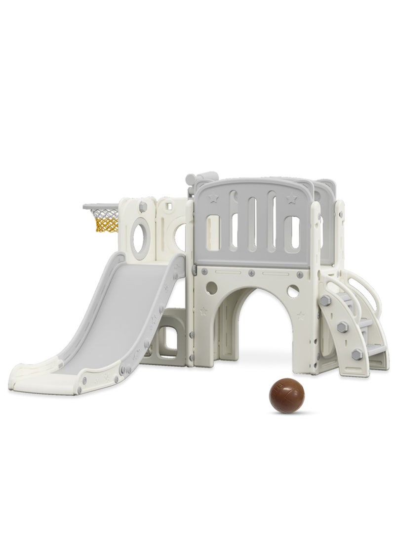 Little Story Play house w/ Activity Slide with Basketball Ring, Ball, Toy Storage - Grey