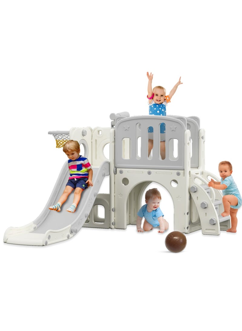 Little Story Play house w/ Activity Slide with Basketball Ring, Ball, Toy Storage - Grey