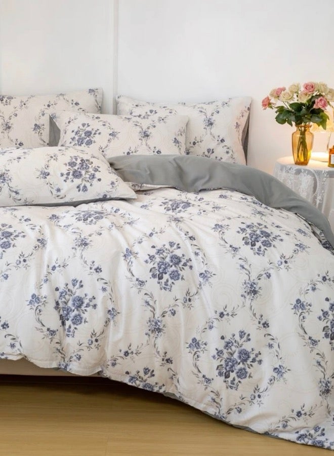 6 Piece Queen Size Bedding Set without filler Bohemian with Blue Flowers Design.