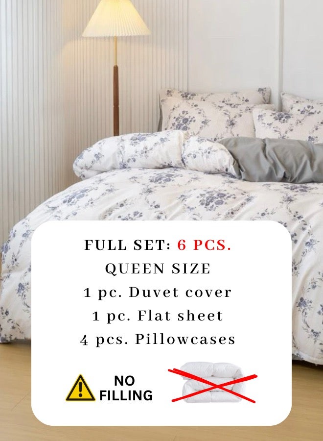 6 Piece Queen Size Bedding Set without filler Bohemian with Blue Flowers Design.