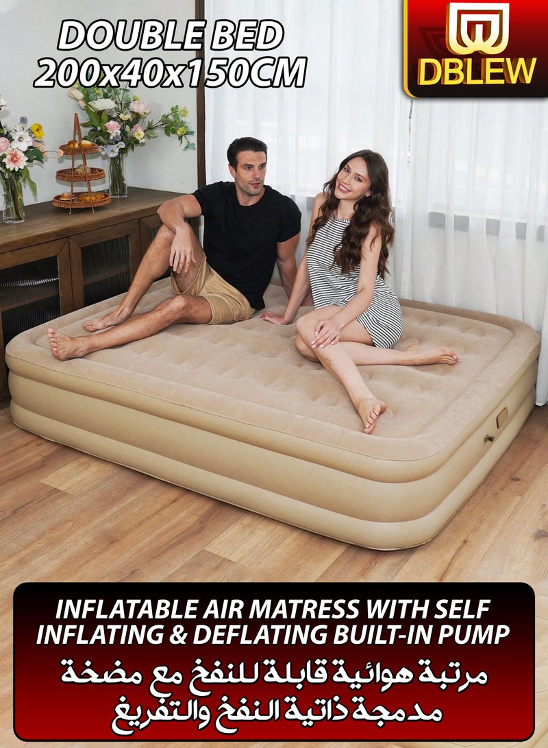 Double Size Air Mattress With 2 Air Pillows Durable Inflatable Camping Bed Sleeping Mat with Built in Rechargeable Air Pump Self Inflation Waterproof Blow up Airbed One Button Inflate and Deflate for Home, Outdoor Adventures, Hiking, Travel, Sleepovers, Picnics, and Guest Bed Use Ultra Plush Technology 200x40x150cm