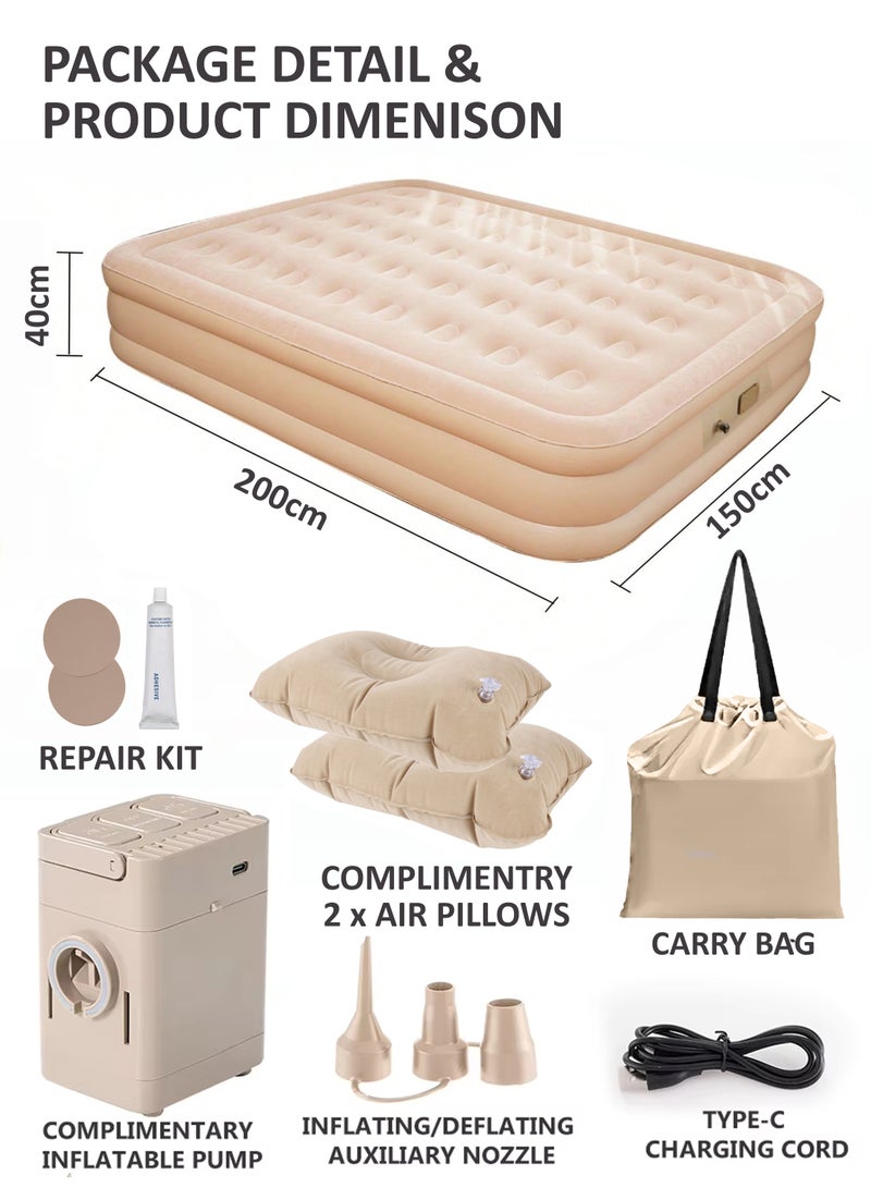Double Size Air Mattress With 2 Air Pillows Durable Inflatable Camping Bed Sleeping Mat with Built in Rechargeable Air Pump Self Inflation Waterproof Blow up Airbed One Button Inflate and Deflate for Home, Outdoor Adventures, Hiking, Travel, Sleepovers, Picnics, and Guest Bed Use Ultra Plush Technology 200x40x150cm