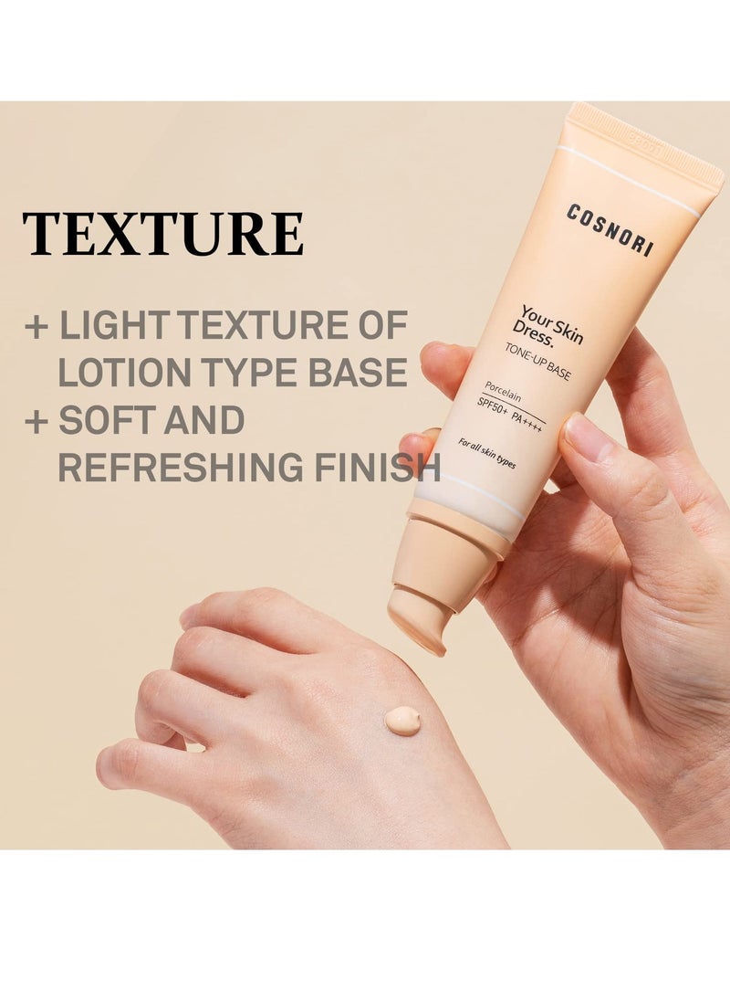 COSNORI Your Skin Dress Tone up Base – Conceal Pores & Blemish – Tone Correcting Makeup Base with Niacinamide – K Beauty – Porcelain Color for Cool & Warm Tone, 1.69 fl.oz