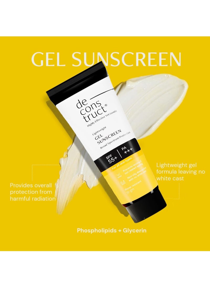 Deconstruct Radiance & Defense Combo: Face Wash for Skin Brightening & Gel Sunscreen for Sun Protection | Brightening Face Wash (100ml) + Gel Sunscreen (50g) | No White Cast & Lightweight | Pack of 2