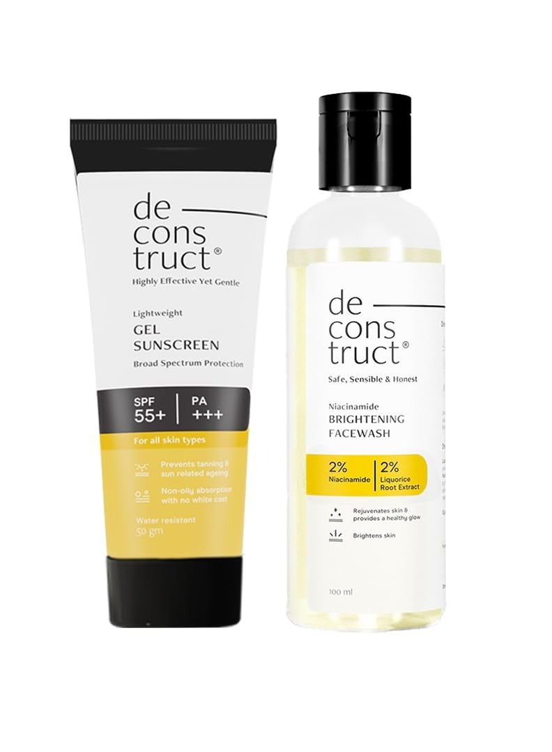 Deconstruct Radiance & Defense Combo: Face Wash for Skin Brightening & Gel Sunscreen for Sun Protection | Brightening Face Wash (100ml) + Gel Sunscreen (50g) | No White Cast & Lightweight | Pack of 2
