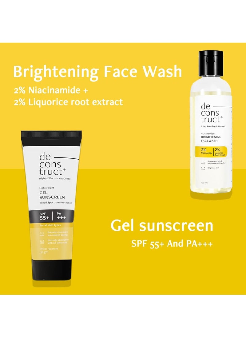 Deconstruct Radiance & Defense Combo: Face Wash for Skin Brightening & Gel Sunscreen for Sun Protection | Brightening Face Wash (100ml) + Gel Sunscreen (50g) | No White Cast & Lightweight | Pack of 2