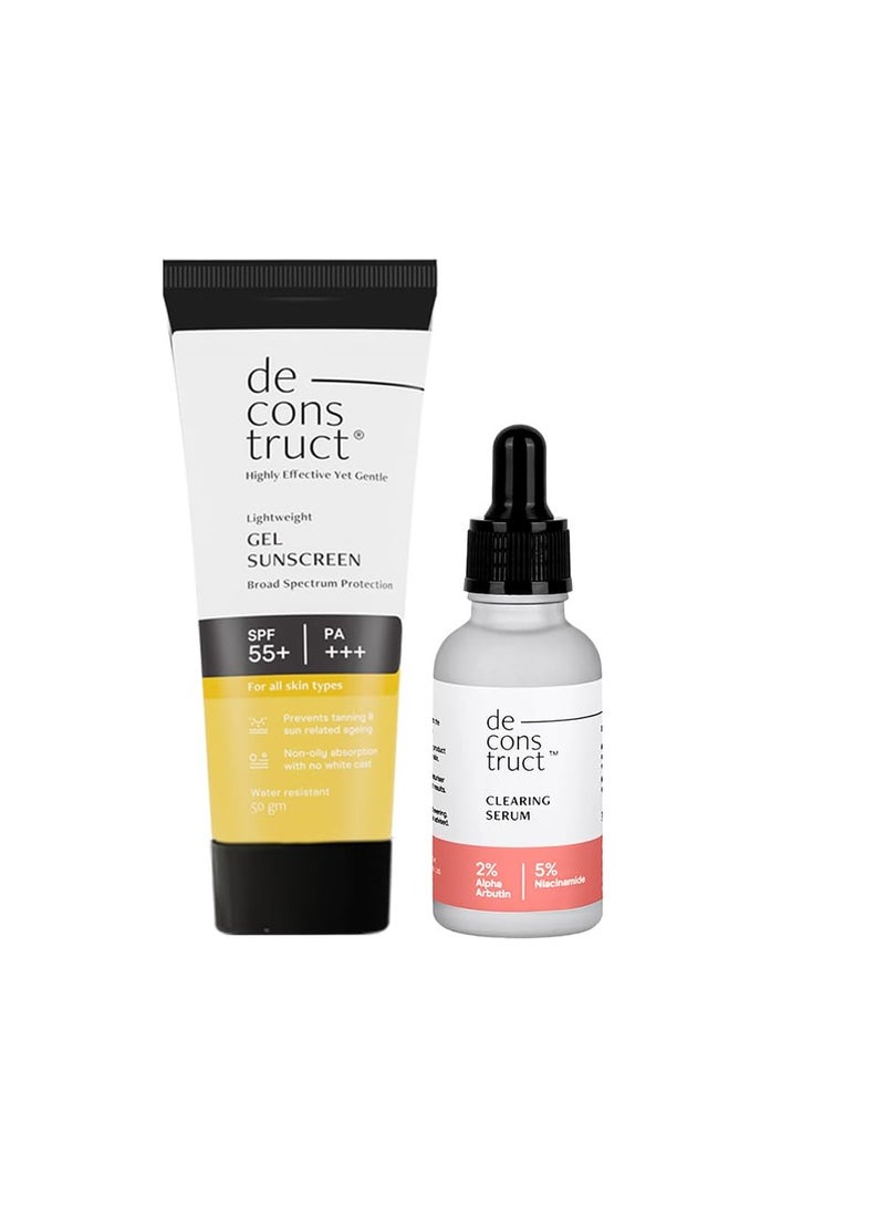 Deconstruct skin Clear & Protect Duo: Clearing Serum & SPF 50+ Gel Sunscreen | Clearing Serum (30 ml) + Gel Sunscreen (50 g) | Skin Clearing Serum and Gel Sunscreen with No White Cast & Lightweight | Pack of 2