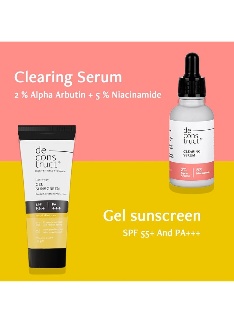 Deconstruct skin Clear & Protect Duo: Clearing Serum & SPF 50+ Gel Sunscreen | Clearing Serum (30 ml) + Gel Sunscreen (50 g) | Skin Clearing Serum and Gel Sunscreen with No White Cast & Lightweight | Pack of 2