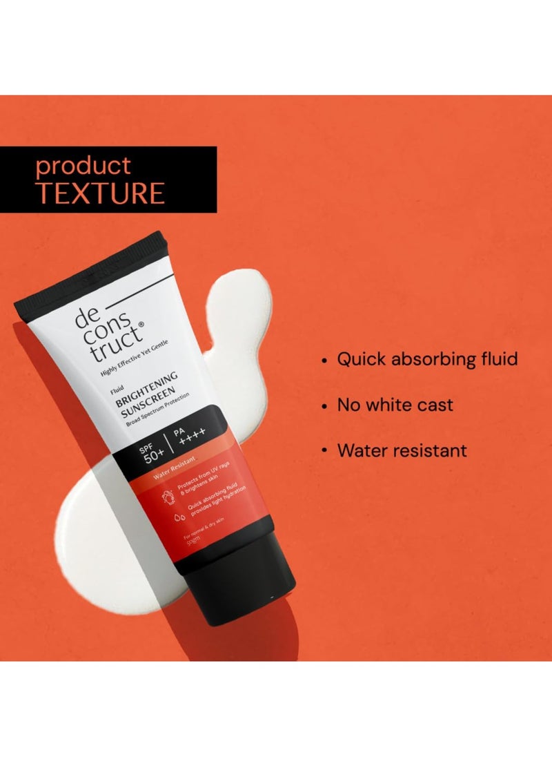 Deconstruct Brightening Sunscreen SPF 50+ And PA++++ | 8 hours Long Lasting Dewy Sunscreen | For Dry Skin | Water Resistant, No White Cast, Quick Absorbing | For Women and Men | 50gm