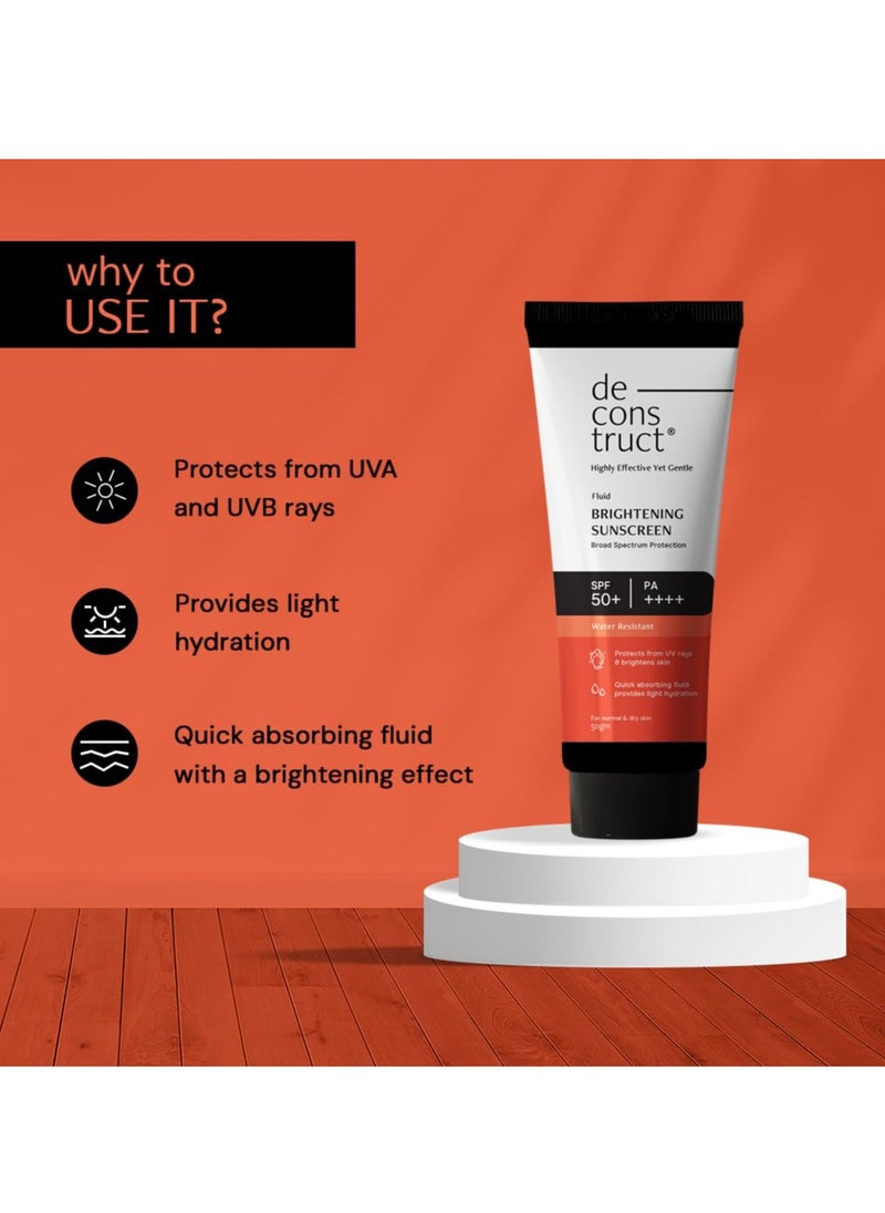 Deconstruct Brightening Sunscreen SPF 50+ And PA++++ | 8 hours Long Lasting Dewy Sunscreen | For Dry Skin | Water Resistant, No White Cast, Quick Absorbing | For Women and Men | 50gm