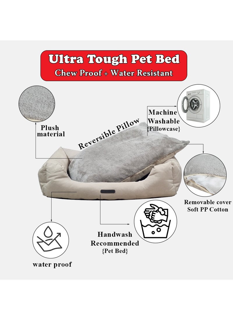 Dog bed with Anti-slip button, Reversible pillow, Water resistant, and Plush material dog bed, Washable pet sofa, Idea for Small to Medium breeds, 75 cm (Beige)