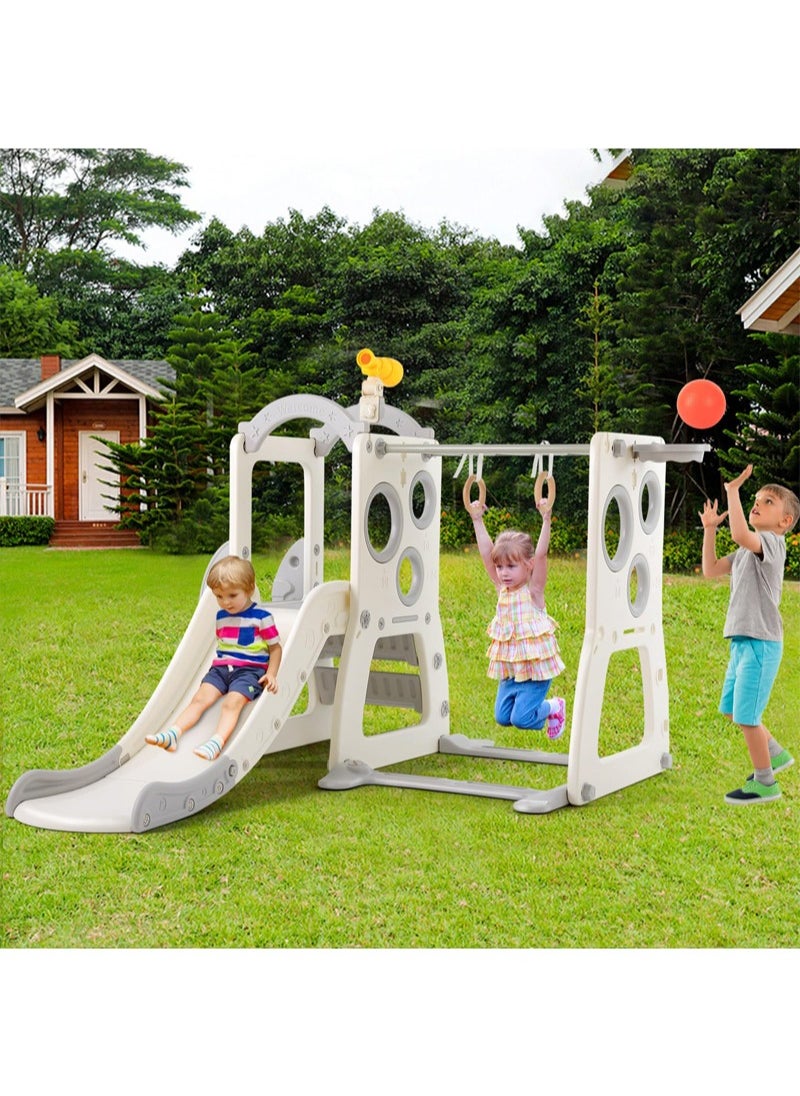 6 in 1 Kids Slide Large Entertainment Toy Freestanding Slide with Basketball Hoop Climbing Ladder Horizontal Bar Rings and Telescope Indoor Outdoor Backyard Playground Toy