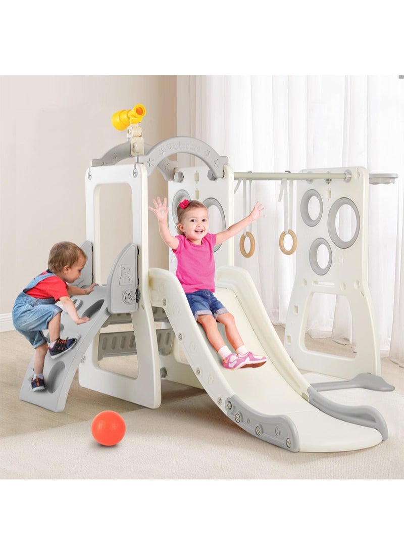 6 in 1 Kids Slide Large Entertainment Toy Freestanding Slide with Basketball Hoop Climbing Ladder Horizontal Bar Rings and Telescope Indoor Outdoor Backyard Playground Toy