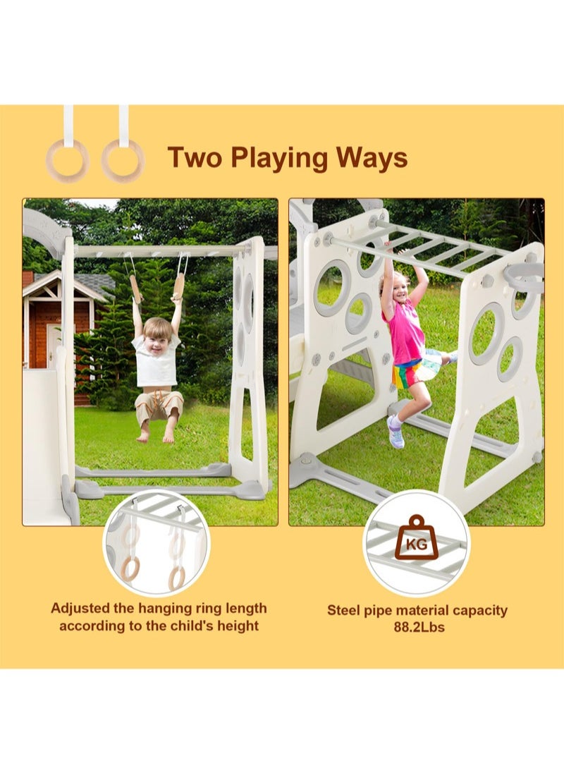 6 in 1 Kids Slide Large Entertainment Toy Freestanding Slide with Basketball Hoop Climbing Ladder Horizontal Bar Rings and Telescope Indoor Outdoor Backyard Playground Toy