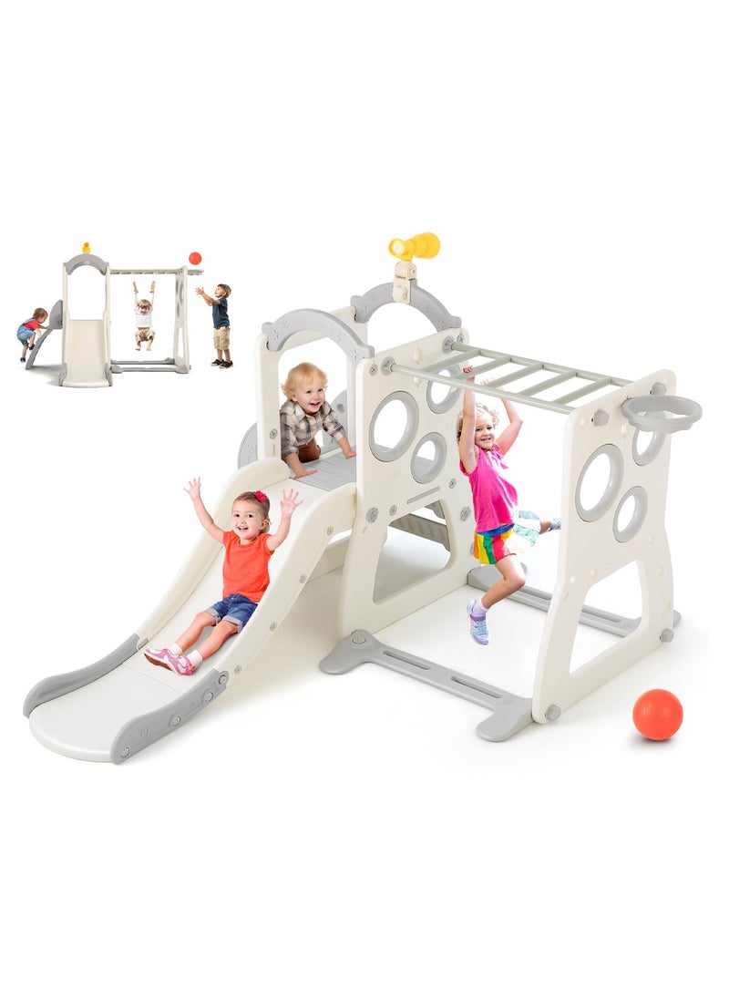 6 in 1 Kids Slide Large Entertainment Toy Freestanding Slide with Basketball Hoop Climbing Ladder Horizontal Bar Rings and Telescope Indoor Outdoor Backyard Playground Toy