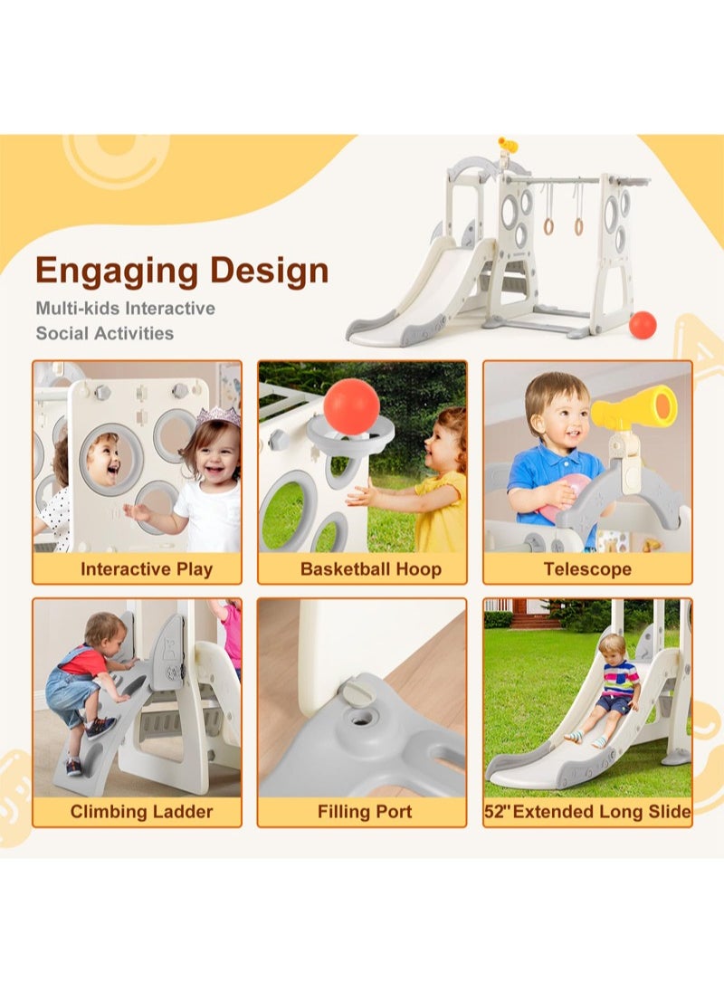 6 in 1 Kids Slide Large Entertainment Toy Freestanding Slide with Basketball Hoop Climbing Ladder Horizontal Bar Rings and Telescope Indoor Outdoor Backyard Playground Toy