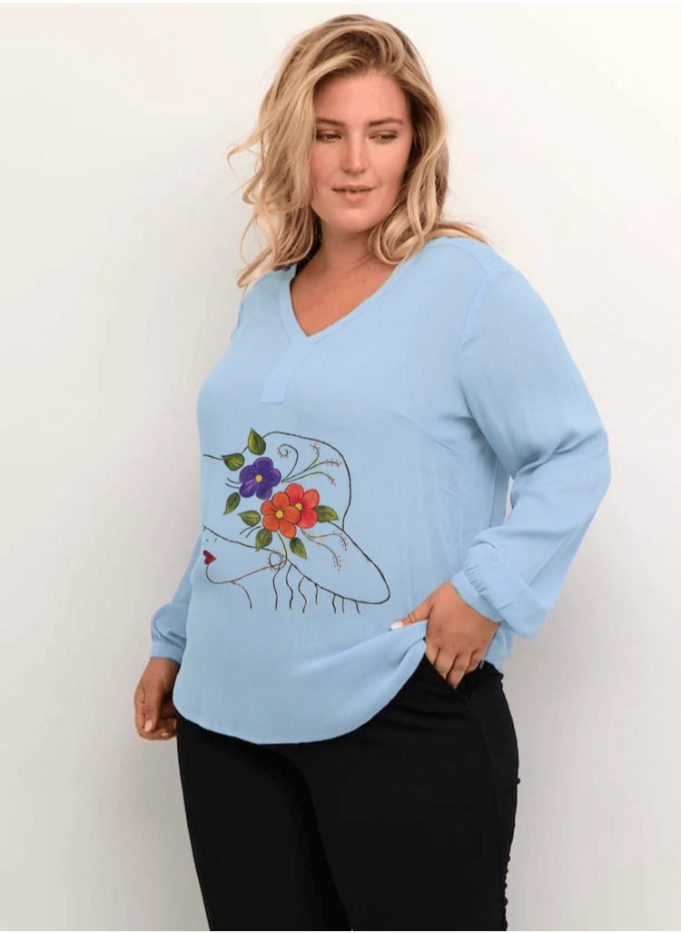 Handpainted Women's Plus Size XXXL V-Neck Blouse, Blue with Artistic Floral Hat Design, Lightweight Long Sleeve Shirt, Casual and Elegant Size 50