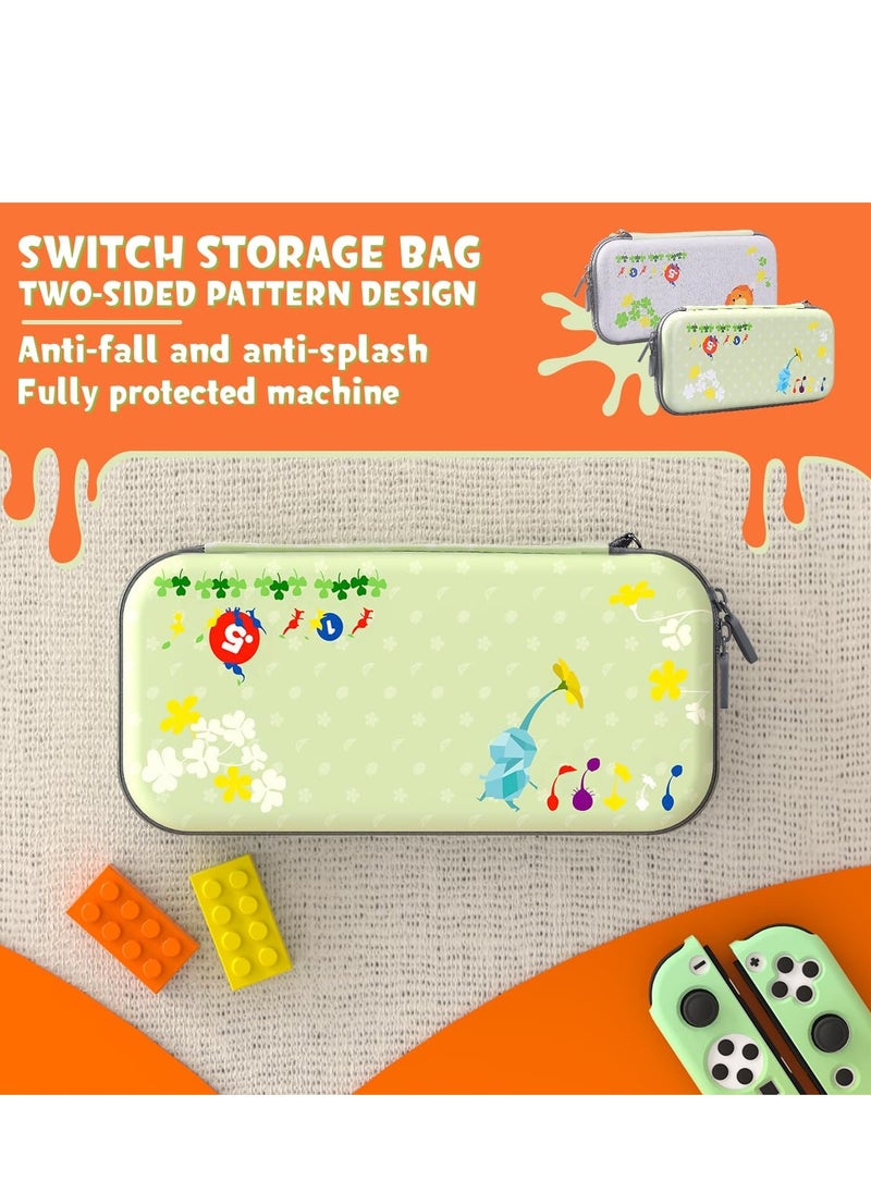 Switch Carrying Case Set Cute Switch Case Bundle for Pikmin Fans with Switch OLED Protective Cover Screen Protector Playstand and Thumb Caps Storage Bag Compatible with Switch OLED and Accessories