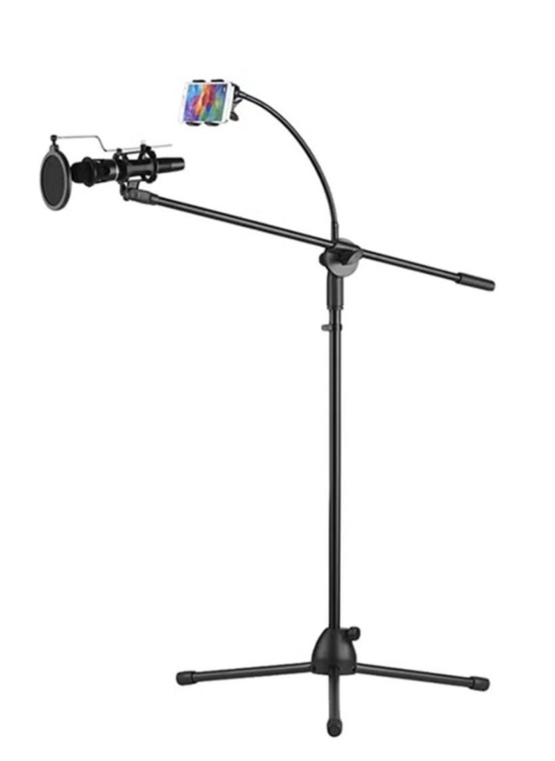 Height Angle Adjustable Floor Standing Tripod Stand – Includes Mic Clip & Phone Holder, Black