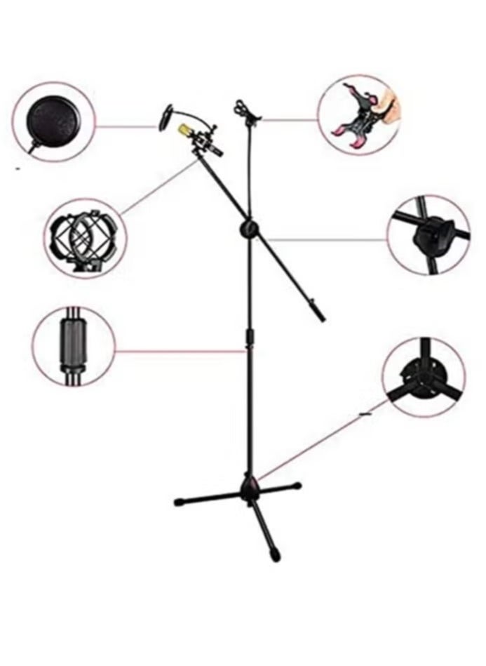 Height Angle Adjustable Floor Standing Tripod Stand – Includes Mic Clip & Phone Holder, Black