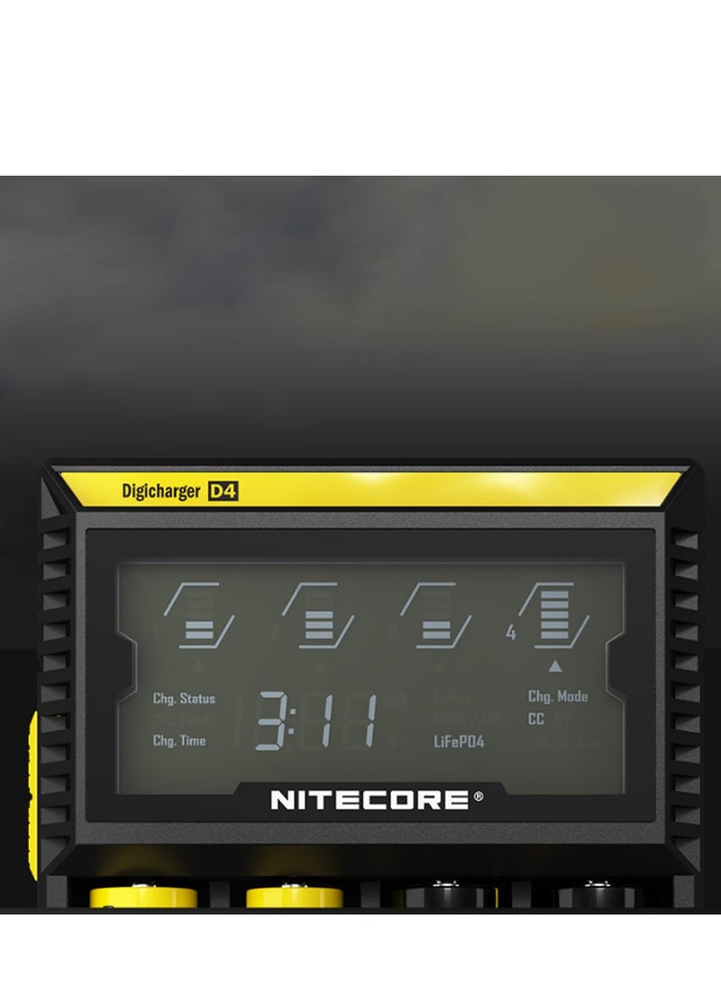 NITECORE D4 Digicharger LCD Display Universal Battery Charger for 18650, 14500, 16340, 26650, 18350 Li-ion Rechargeable Batteries, Smart Charging with Multiple Safety Features, Includes Charging Cable