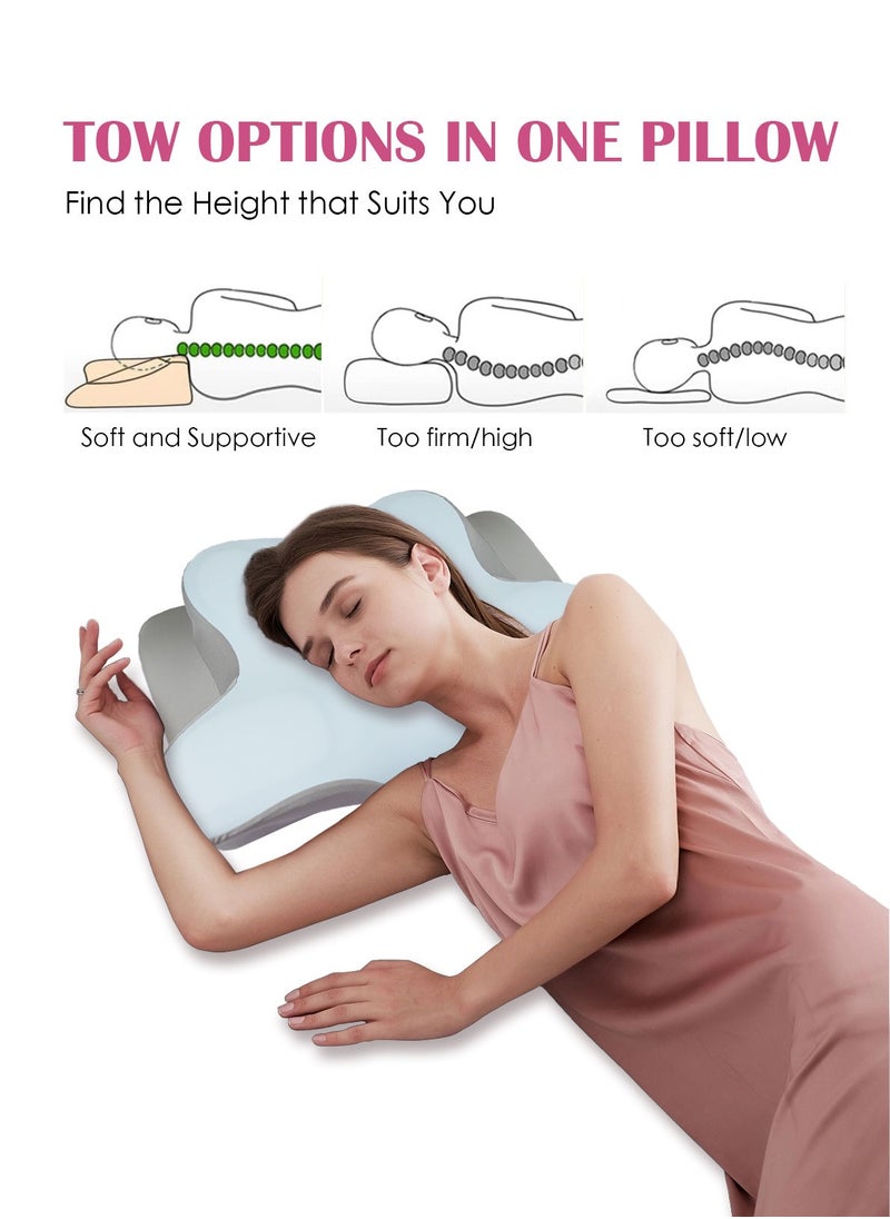 Cervical Pillow Neck Pillow for Pain Relief Sleeping, Orthopedic Contour Memory Foam Pillows for Bed with Cooling Pillow Covers, Adjustable Ergonomic Pillows for Back Stomach Side Sleeper - Blue