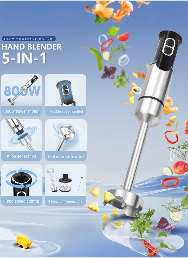 5 In 1 Hand Blender,800w Electric Immersion Blender with Beaker, Chopper, Milk Frother, Whisker, Frother, for Baby Food,Soup, Sauce,KM-1153