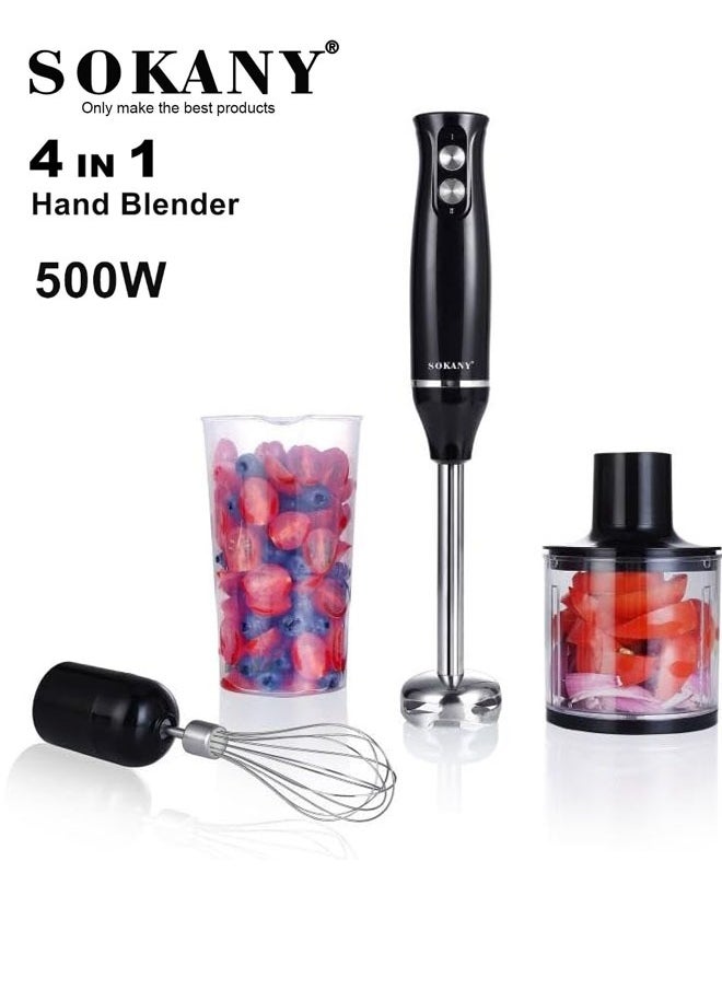 4-in-1 Hand Blender, Immersion Handheld Blender with Chopper and Whisk,Stainless Blades,500W WK-1710-4 Black/Clear