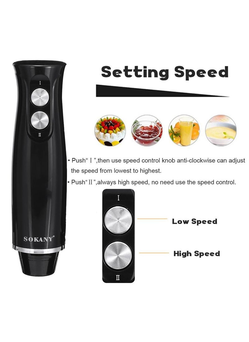 4-in-1 Hand Blender, Immersion Handheld Blender with Chopper and Whisk,Stainless Blades,500W WK-1710-4 Black/Clear