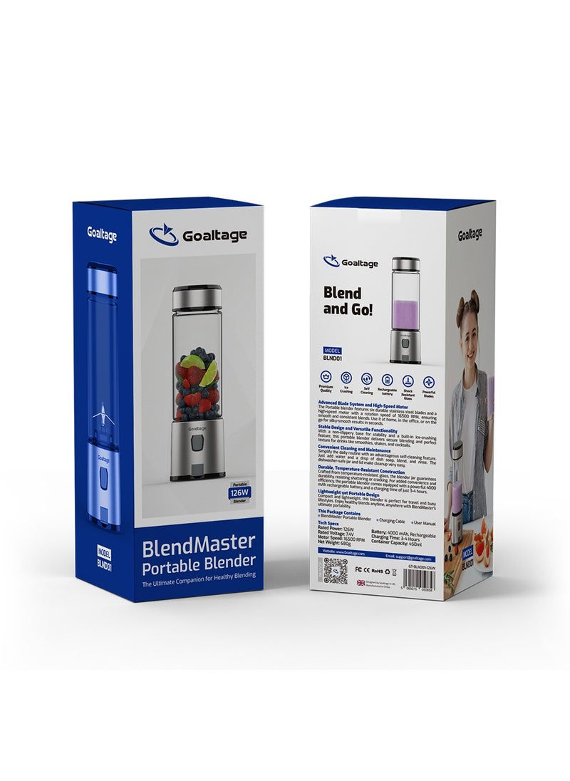 BLND01 BlendMaster Portable Blender with Powerful Ice-Crushing Blades, Rechargeable Battery, Shock Resistant Glass, and Self-Cleaning Functionality