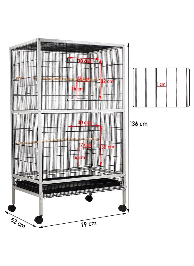 Large birdcage with a Perch stand, Removable tray, Feeding bowls, and Wheels for Love birds, Conure, Cockatiel, and other medium-sized birds 136 cm (Gray and Black)