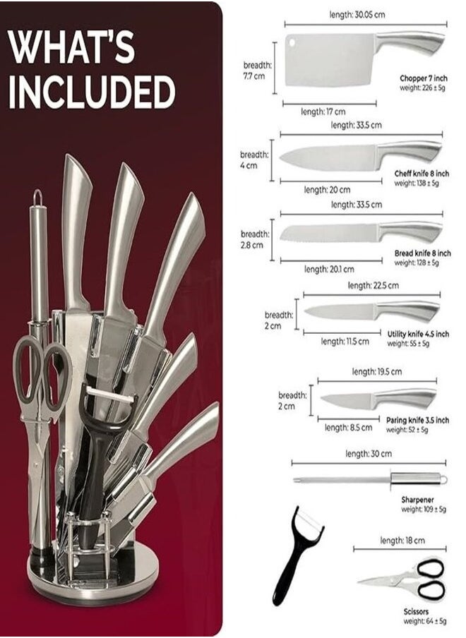 Knife Set, with Stainless Steel Cleaver Knife, 4 Piece Culinary Knives, Sharpener, Scissor & Vegetable Peeler Kitchen Knives Set with Rotating Acrylic Stand 9-pcs Knives Set